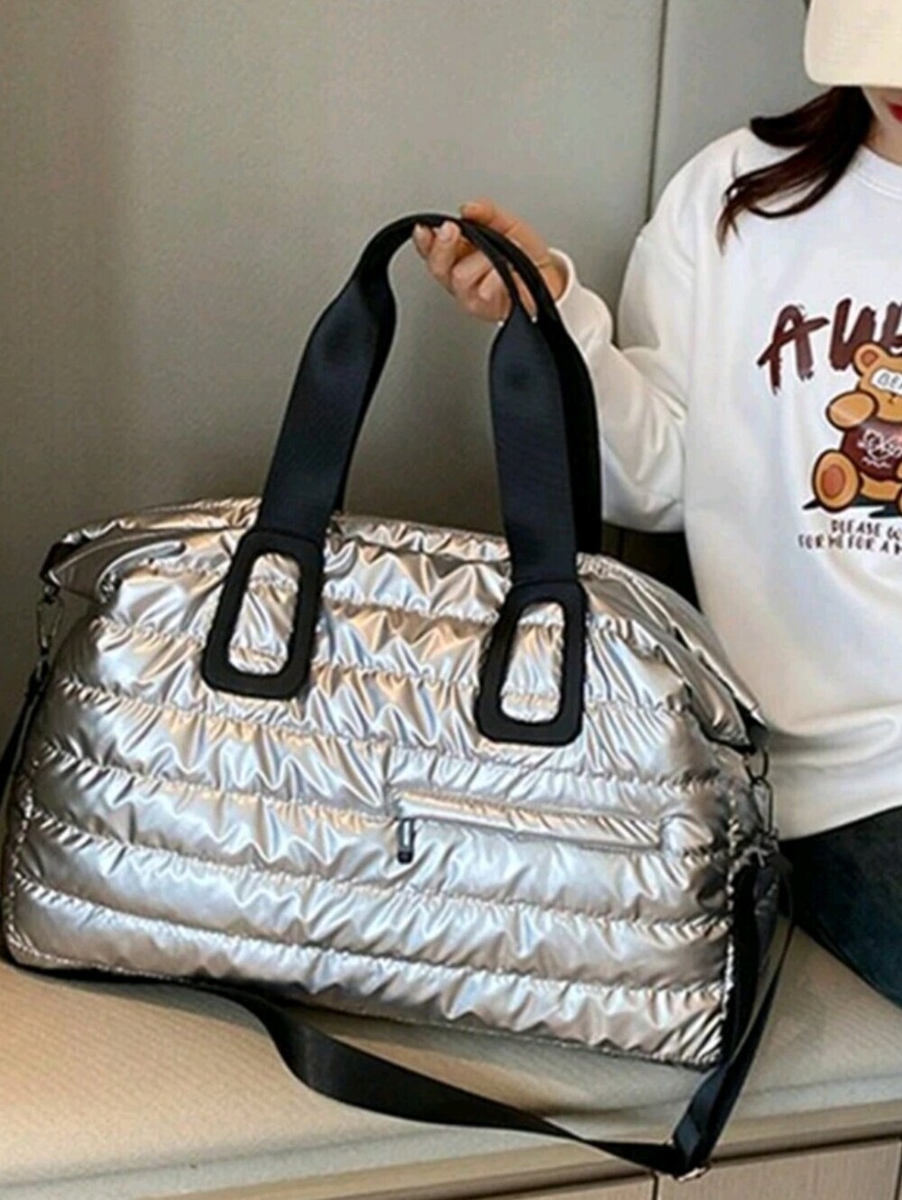 Silver Quilted Weekender Bag with Black Handles